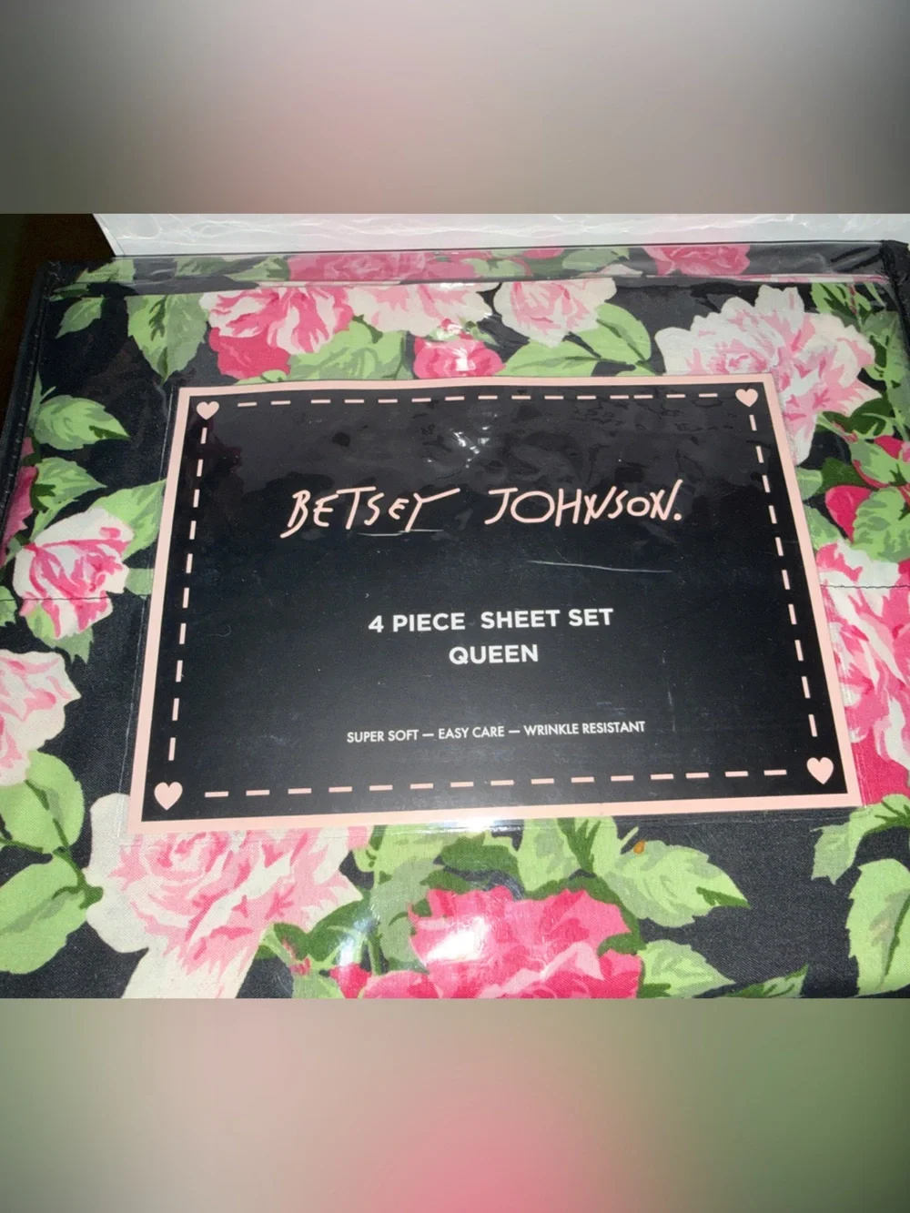 Betsey Johnson Black Sheet Set with Pink Floral and Green Leaves